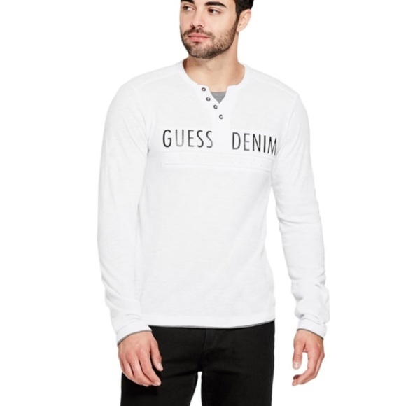New GUESS Addison Embossed Logo Henley SZ L - Picture 1 of 4
